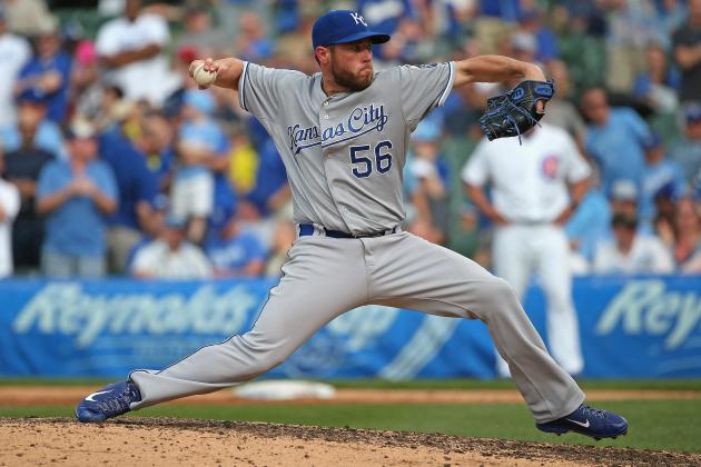 CHICAGO, IL - MAY 29: Greg Holland #56 of the Kansas City Royals pitches in the 9th inning against the Chicago Cubs at Wrigley Field on May 29, 2015 in Chicago, Illinois. The Royals defeated the Cubs 8-4. (Photo by Jonathan Daniel/Getty Images)