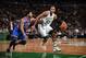 BOSTON, MA - JANUARY 18: Al Horford #42 of the Boston Celtics handles the ball against Derrick Rose #25 of the New York Knicks during a game on January 18, 2017 at TD Garden in Boston, Massachusetts. NOTE TO USER: User expressly acknowledges and agrees that, by downloading and/or using this photograph, user is consenting to the terms and conditions of the Getty Images License Agreement. Mandatory Copyright Notice: Copyright 2017 NBAE (Photo by Brian Babineau/NBAE via Getty Images)