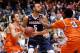 MALIBU, CA - JANUARY 28: Jeremy Major #3 and Elijah Lee #1 of the Pepperdine Waves double team Nigel Williams-Goss #5 of the Gonzaga Bulldogs during the game against the Gonzaga Bulldogs at Firestone Fieldhouse on January 28, 2017 in Malibu, California. (Photo by Josh Lefkowitz/Getty Images)