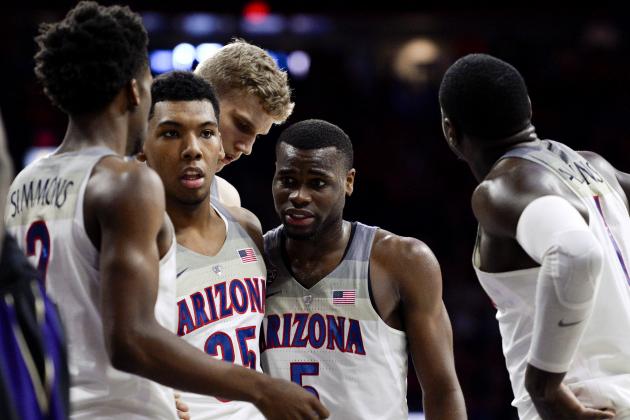 Jan 29, 2017; Tucson, AZ, USA; Arizona Wildcats guard Kobi Simmons (2) guard Allonzo Trier (35) forward Lauri Markkanen (10) guard Kadeem Allen (5) and guard Rawle Alkins (1) (left to right) huddle during the second half against the Washington Huskies at McKale Center. Arizona won 77-66. Mandatory Credit: Casey Sapio-USA TODAY Sports