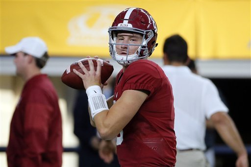 Alabama quarterback Blake Barnett warms up before the start of an NCAA college football game against Southern California Saturday, Sept. 3, 2016, in Arlington, Texas. (AP Photo/Tony Gutierrez)