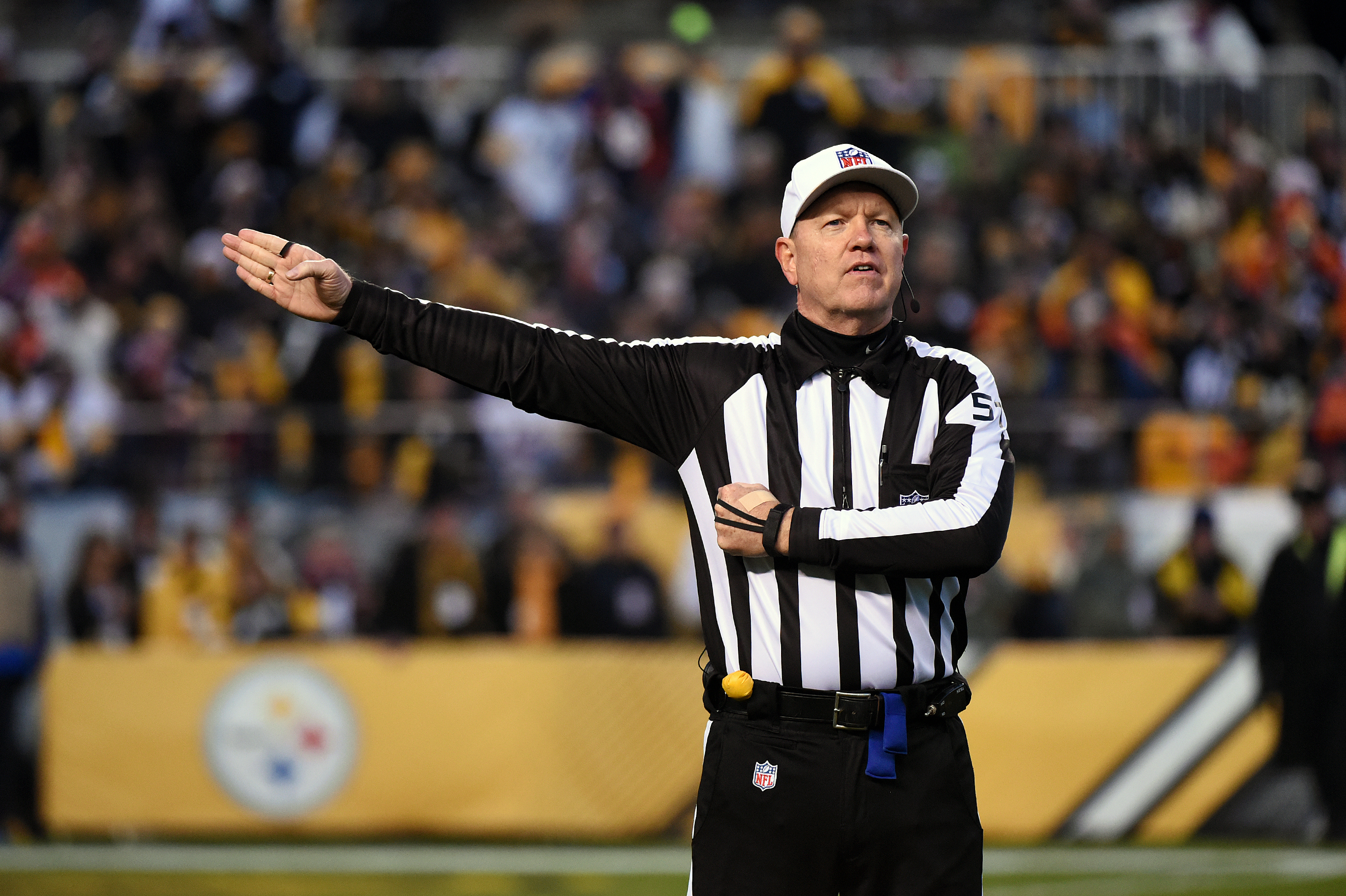 NFL back judge Brad Freeman stands on the field during an NFL