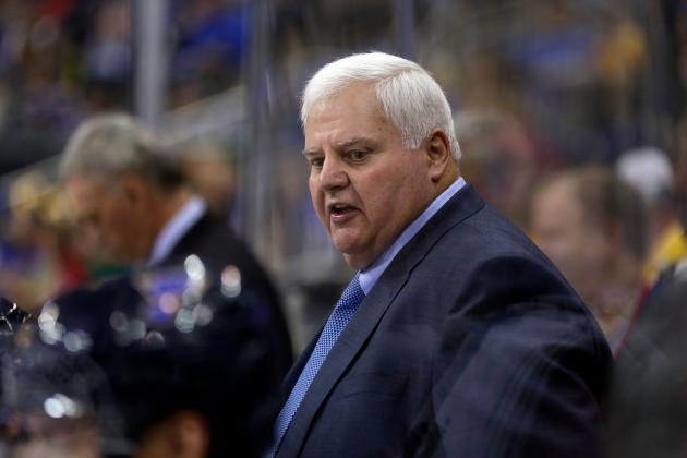 KANSAS CITY, MO - OCTOBER 05:  Head coach Ken Hitchcock of the St. Louis Blues watches from the bench during the preseason game against Washington Capitals at Sprint Center on October 5, 2016 in Kansas City, Missouri.  (Photo by Jamie Squire/Getty Images)