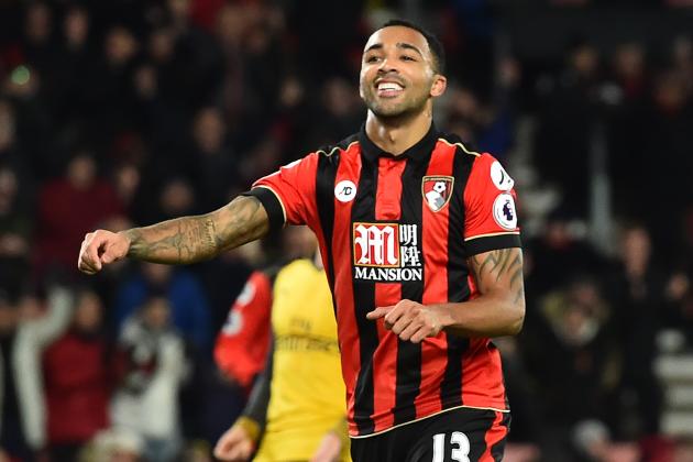 Bournemouth's English striker Callum Wilson celebrates after scoring their second goal from the penalty spot during the English Premier League football match between Bournemouth and Arsenal at the Vitality Stadium in Bournemouth, southern England on January 3, 2017. / AFP / Glyn KIRK / RESTRICTED TO EDITORIAL USE. No use with unauthorized audio, video, data, fixture lists, club/league logos or 'live' services. Online in-match use limited to 75 images, no video emulation. No use in betting, games or single club/league/player publications.  /         (Photo credit should read GLYN KIRK/AFP/Getty Images)