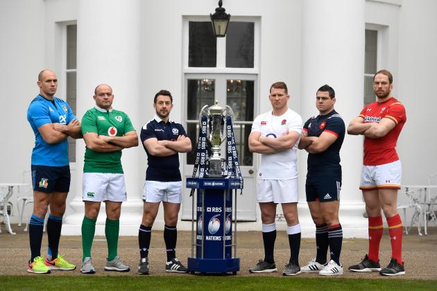 LONDON, ENGLAND - JANUARY 25:  (L-R) Sergio Parisse, Captain of Italy, Rory Best, Captain of Ireland, Greig Laidlaw, Captain of Scotland, Dylan Hartley, Captain of England, Guilhem Guirado, Captain of France and Alun Wyn Jones, Captain of Wales, pose with The Six Nations Trophy  during the 2017 RBS Six Nations launch at The Hurlingham Club on January 25, 2017 in London, England.  (Photo by Stu Forster/Getty Images)