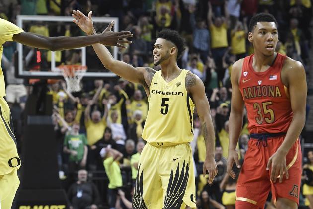 EUGENE, OR - FEBRUARY 04: Tyler Dorsey #5 of the Oregon Ducks celebrates after hitting a shot during the first half of the game against the Arizona Wildcats at Matthew Knight Arena on February 4, 2017 in Eugene, Oregon.  (Photo by Steve Dykes/Getty Images)