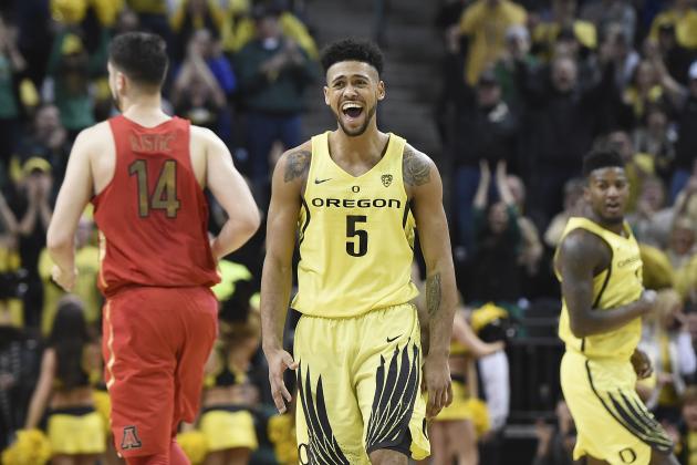 EUGENE, OR - FEBRUARY 04: Tyler Dorsey #5 of the Oregon Ducks celebrates after hitting a shot during the first half of the game against the Arizona Wildcatsat Matthew Knight Arena on February 4, 2017 in Eugene, Oregon.  (Photo by Steve Dykes/Getty Images)