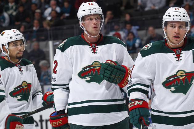 SAN JOSE, CA - JANUARY 05: Eric Staal #12 and Zach Parise #11 of the Minnesota Wild look on during the game against the San Jose Sharks at SAP Center on January 5, 2017 in San Jose, California. (Photo by Rocky W. Widner/NHL/Getty Images)