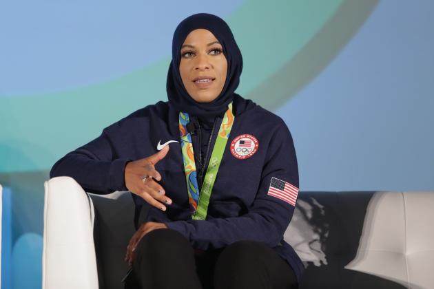 LOS ANGELES, CA - OCTOBER 27: Olympian Ibtihaj Muhammad speaks at the 5th Annual LA84 Foundation Summit on October 27, 2016 in Los Angeles, California. (Photo by Jerritt Clark/Getty Images for LA84 Foundation)