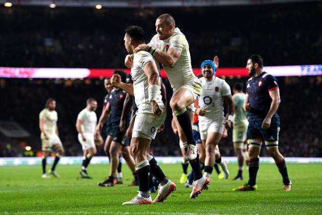 LONDON, ENGLAND - FEBRUARY 04:  Ben Te'o of England celebrates scoring his side's first try with his team mate Mike Brown during the RBS Six Nations match between England and France at Twickenham Stadium on February 4, 2017 in London, England.  (Photo by Shaun Botterill/Getty Images)