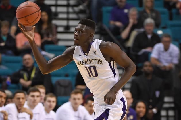 LAS VEGAS, NV - MARCH 09:  Malik Dime #10 of the Washington Huskies brings the ball up the court against the Stanford Cardinal during a first-round game of the Pac-12 Basketball Tournament at MGM Grand Garden Arena on March 9, 2016 in Las Vegas, Nevada. Washington won 91-68.  (Photo by Ethan Miller/Getty Images)