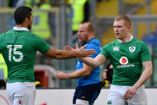 Ireland's Keith Earls (R) celebrates with Rob Kearney after scoring a try against Italy during the team's Six Nations rugby union match Italy against Ireland at the Olympic Stadium in Rome on February 11, 2017.  / AFP / Vincenzo PINTO        (Photo credit should read VINCENZO PINTO/AFP/Getty Images)