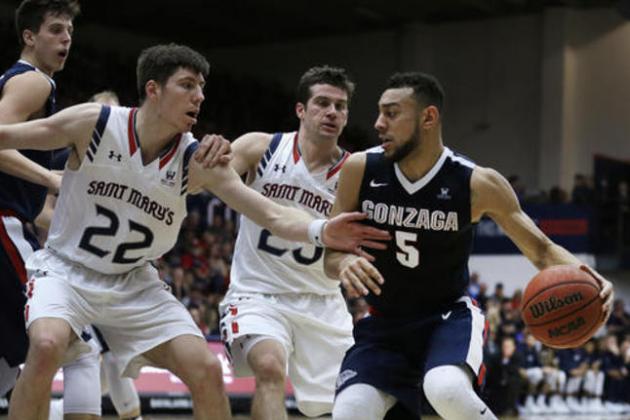 Gonzaga's Nigel Williams-Goss, right, drives the ball against Saint Mary's Dane Pineau (22) and Joe Rahon, center, during the first half of an NCAA college basketball game Saturday, Feb. 11, 2017, in Moraga, Calif. (AP Photo/Ben Margot)