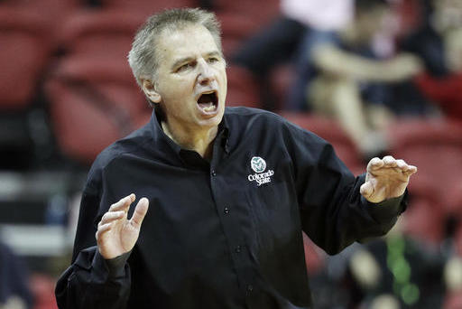 Colorado State coach Larry Eustachy shouts during the second half of the team's NCAA college basketball game against UNLV, Saturday, Feb. 4, 2017, in Las Vegas. Colorado State won 69-49.(AP Photo/John Locher)