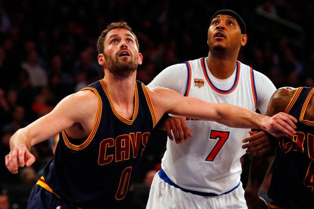 NEW YORK, NY - FEBRUARY 04:  (NEW YORK DAILIES OUT)    Kevin Love #0 of the Cleveland Cavaliers in action against Carmelo Anthony #7 of the New York Knicks at Madison Square Garden on February 4, 2017 in New York City. The Cavaliers defeated the Knicks 111-103.  NOTE TO USER: User expressly acknowledges and agrees that, by downloading and/or using this Photograph, user is consenting to the terms and conditions of the Getty Images License Agreement.  (Photo by Jim McIsaac/Getty Images)