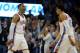 Feb 15, 2017; Oklahoma City, OK, USA; Oklahoma City Thunder guard Russell Westbrook (0) and forward Andre Roberson (21) react after a play against the New York Knicks during the second quarter at Chesapeake Energy Arena. Mandatory Credit: Mark D. Smith-USA TODAY Sports