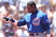 LOS ANGELES, UNITED STATES: Sammy Sosa of the Chicago Cubs gestures after hitting his 36th homerun of the season in the first inning the Los Angeles Dodgers 04 August 2001 in Los Angeles, CA. Ths Dodgers won the game, 3-1. AFP PHOTO/Vince BUCCI (Photo credit should read Vince Bucci/AFP/Getty Images)