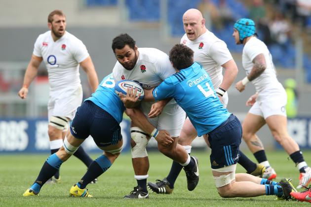 ROME, ITALY - FEBRUARY 14:  Billy Vunipola of England is tackled during the RBS Six Natiions match between Italy and England at the Stadio Olimpico on February 14, 2016 in Rome, Italy.  (Photo by David Rogers/Getty Images)