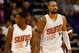 PHOENIX, AZ - OCTOBER 07: Brandon Knight #3 and Tyson Chandler #4 of the Phoenix Suns walk the court during the first half ot he preseason NBA game against the Sacramento Kings at Talking Stick Resort Arena on October 7, 2015 in Phoenix, Arizona. NOTE TO USER: User expressly acknowledges and agrees that, by downloading and or using this photograph, User is consenting to the terms and conditions of the Getty Images License Agreement. (Photo by Christian Petersen/Getty Images)