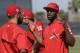 St. Louis Cardinals' Dexter Fowler, right, talks with Matt Carpenter during a spring training baseball workout Friday, Feb. 17, 2017, in Jupiter, Fla. (AP Photo/David J. Phillip)
