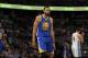 Golden State Warriors center JaVale McGee (1) in the first half of an NBA basketball game Monday, Feb. 13, 201, in Denver. (AP Photo/David Zalubowski)