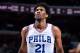 PHILADELPHIA, PA - JANUARY 18: Joel Embiid #21 of the Philadelphia 76ers looks on during the game against the Toronto Raptors on January 18, 2017 at Wells Fargo Center in Philadelphia, Pennsylvania. NOTE TO USER: User expressly acknowledges and agrees that, by downloading and or using this photograph, User is consenting to the terms and conditions of the Getty Images License Agreement. Mandatory Copyright Notice: Copyright 2017 NBAE (Photo by Jesse D. Garrabrant/NBAE via Getty Images)