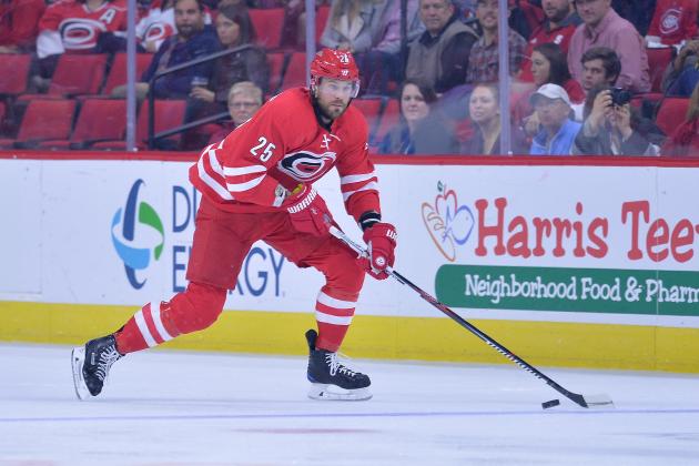 RALEIGH, NC - NOVEMBER 18:  Viktor Stalberg #25 of the Carolina Hurricanes controls the puck against the Montreal Canadiens during the game at PNC Arena on November 18, 2016 in Raleigh, North Carolina.  (Photo by Grant Halverson/Getty Images)