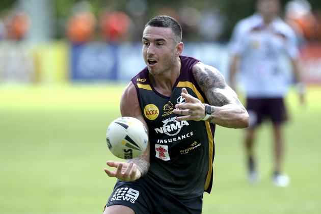 BRISBANE, AUSTRALIA - MARCH 01:  Darius Boyd passes the ball during a Brisbane Broncos NRL training session on March 1, 2017 in Brisbane, Australia.  (Photo by Bradley Kanaris/Getty Images)