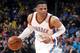 OKLAHOMA CITY, OK- FEBRUARY 24: Russell Westbrook #0 of the Oklahoma City Thunder handles the ball during the game against the Los Angeles Lakers on February 24, 2017 at Chesapeake Energy Arena in Oklahoma City, Oklahoma. NOTE TO USER: User expressly acknowledges and agrees that, by downloading and or using this photograph, User is consenting to the terms and conditions of the Getty Images License Agreement. Mandatory Copyright Notice: Copyright 2017 NBAE (Photo by Layne Murdoch/NBAE via Getty Images)