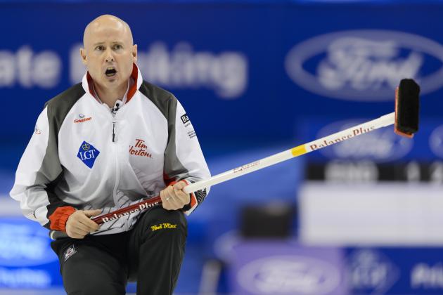 Canada's skip Kevin Koe reacts during the gold medal game Canada vs Denmark at the World Men's Curling Championships on April 10, 2016 in Basel. / AFP / FABRICE COFFRINI        (Photo credit should read FABRICE COFFRINI/AFP/Getty Images)