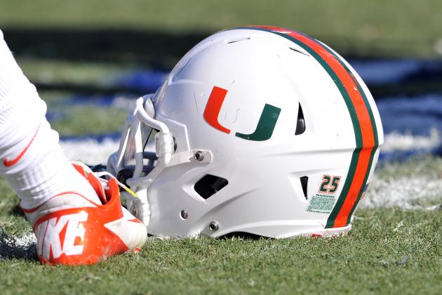 DURHAM, NC - NOVEMBER 24: A detail view of a Miami Hurricanes helmet prior to a game against the Duke Blue Devils at Wallace Wade Stadium on November 24, 2012 in Durham, North Carolina. (Photo by Lance King/Getty Images)