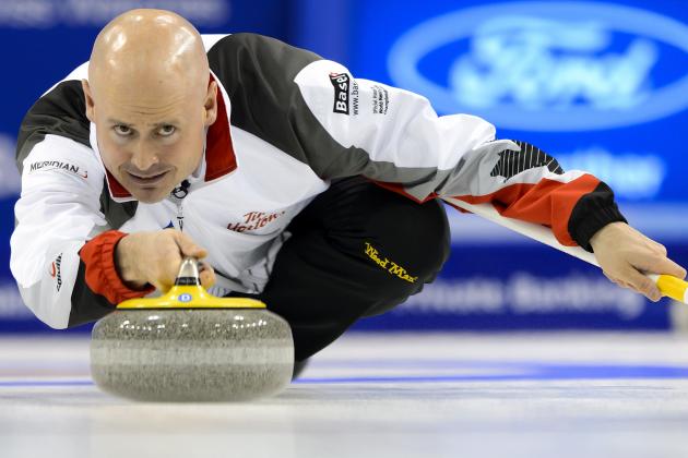 Canada's skip Kevin Koe delivers a stone durign the gold medal game Canada vs Denmark at the World Men's Curling Championships on April 10, 2016 in Basel. / AFP / FABRICE COFFRINI        (Photo credit should read FABRICE COFFRINI/AFP/Getty Images)