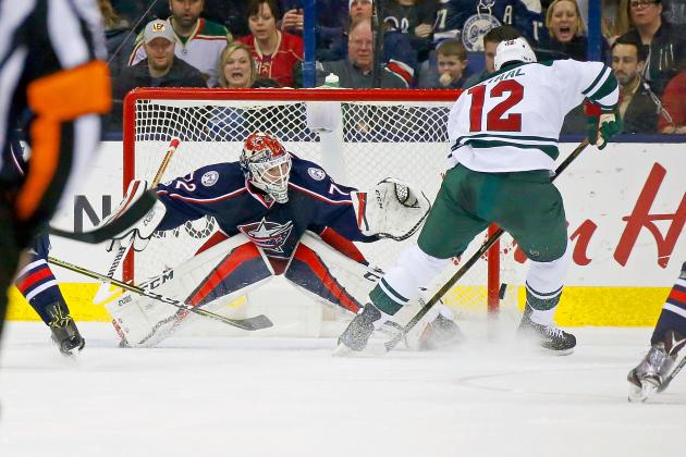COLUMBUS, OH - MARCH 2:  Sergei Bobrovsky #72 of the Columbus Blue Jackets stops a shot by Eric Staal #12 of the Minnesota Wild during the game on March 2, 2017 at Nationwide Arena in Columbus, Ohio. (Photo by Kirk Irwin/Getty Images)