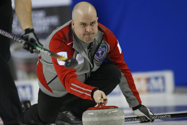 CALGARY, AB - FEBRUARY 28: Northwest Territories skip Jamie Koe delivers his shot in his game against New Brunswick during the Tim Horton's Brier at the Scotiabank Saddledome on February 28, 2015 in Calgary, Alberta, Canada. (Photo by Todd Korol/Getty Images)
