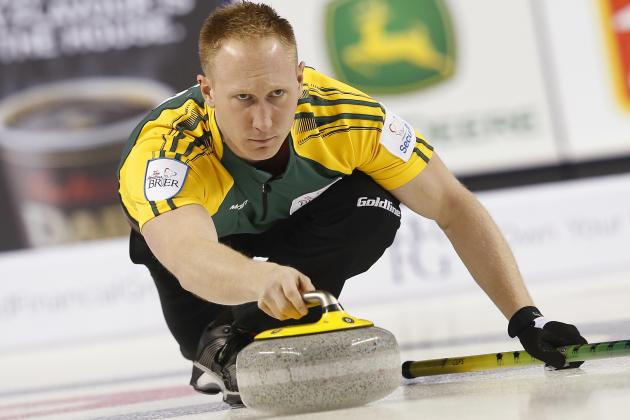 CALGARY, AB - MARCH 8: Northern Ontario skip Brad Jacobs delivers his shot in their gold medal game against Team Canada in curling during the Tim Horton's Brier at the Scotiabank Saddledome on March 8, 2015 in Calgary, Alberta, Canada. (Photo by Todd Korol/Getty Images)