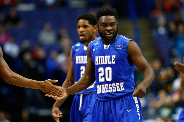 ST LOUIS, MO - MARCH 18: Giddy Potts #20 of the Middle Tennessee Blue Raiders celebrates after a play in the first half against the Michigan State Spartans during the first round of the 2016 NCAA Men's Basketball Tournament at Scottrade Center on March 18, 2016 in St Louis, Missouri.  (Photo by Jamie Squire/Getty Images)
