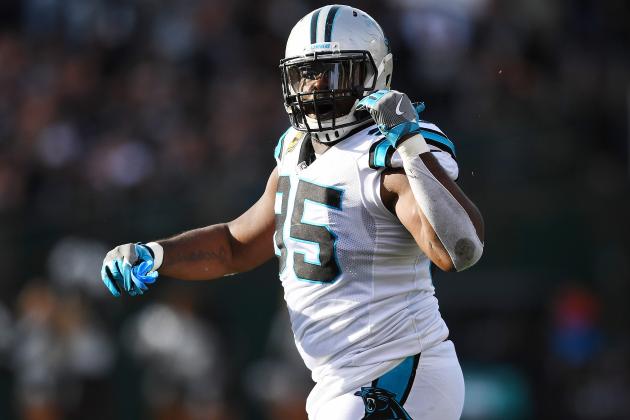OAKLAND, CA - NOVEMBER 27: Charles Johnson #95 of the Carolina Panthers reacts after a play against the Oakland Raiders during an NFL football game on November 27, 2016 at the Oakland-Alameda County Coliseum in Oakland, California. (Photo by Thearon W. Henderson/Getty Images)
