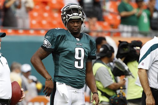 Philadelphia Eagles quarterback Vince Young is shown during warmups before the start of an NFL football game between the Miami Dolphins and the Philadelphia Eagles, Sunday, Dec. 11, 2011, in Miami . (AP Photo/Hans Deryk)