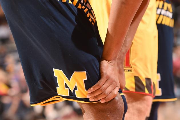 COLLEGE PARK, MD - FEBRUARY 21:  Michigan Wolverines logo on a pair of shorts during a college basketball game against the Maryland Terrapins at the Verizon Center on February 21, 2016 in College Park, Maryland.  The Terrapins won 86-82.  (Photo by Mitchell Layton/Getty Images)