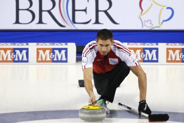 CALGARY, AB - MARCH 1: Team Canada skip John Morris delivers his shot in his game against Prince Edward Island during the Tim Horton's Brier at the Scotiabank Saddledome on March 1, 2015 in Calgary, Alberta, Canada. (Photo by Todd Korol/Getty Images)