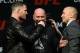 Mar 3, 2017; Las Vegas, NV, USA; Dana White (middle) stands between Michael Bisping (left) and Georges St-Pierre (right) during a press conference to promote their about prior to weigh ins for UFC 209 at T-Mobile Arena. Mandatory Credit: Joe Camporeale-USA TODAY Sports