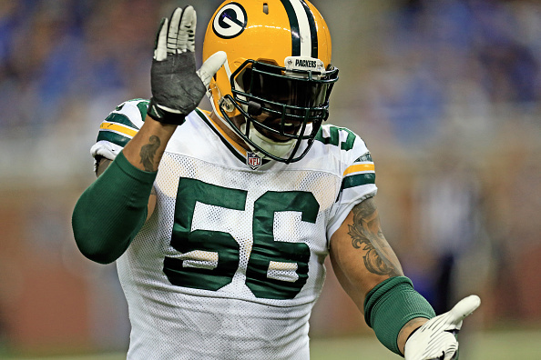 DETROIT, MI - DECEMBER 3: Outside linebacker Julius Peppers #56 of the Green Bay Packers celebrates after a sack during the third quarter against the Detroit Lions at Ford Field on December 3, 2015 in Detroit, Michigan. (Photo by Andrew Weber/Getty Images)