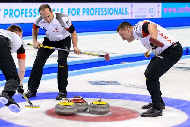(From L) World Champion Canada's team: third Marc Kennedy, second Brent Laing and lead Ben Hebert react during the winning point at the gold medal game against Denmark at the World Men's Curling Championships on April 10, 2016 in Basel. / AFP / FABRICE COFFRINI        (Photo credit should read FABRICE COFFRINI/AFP/Getty Images)