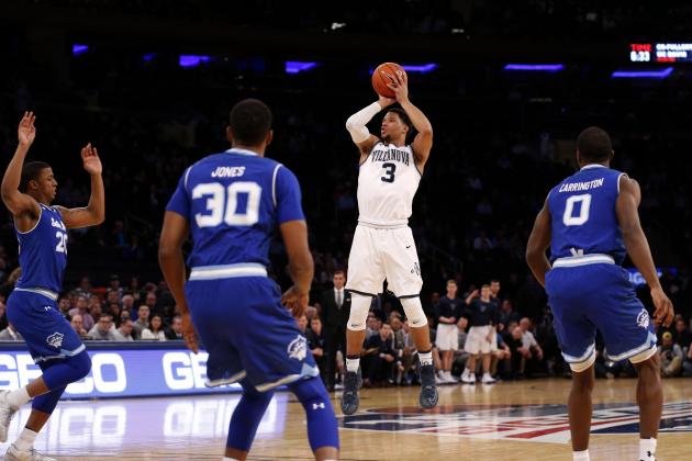 Mar 10, 2017; New York, NY, USA;  Villanova Wildcats guard Josh Hart (3) shoots over Seton Hall Pirate defenders during the Big East Conference Tournament Semifinals at Madison Square Garden. Mandatory Credit: Noah K. Murray-USA TODAY Sports