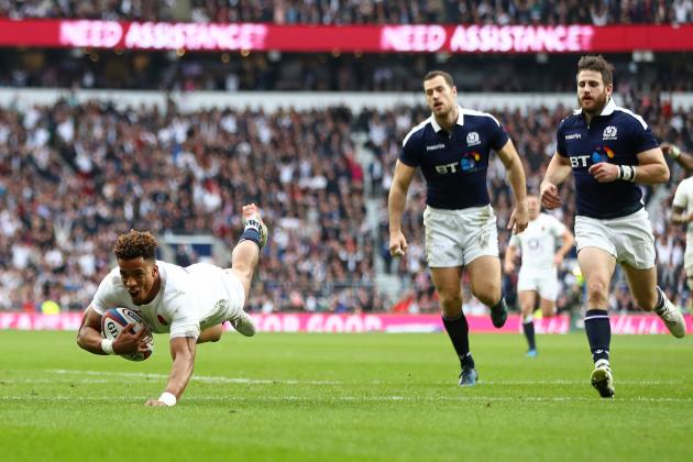 LONDON, ENGLAND - MARCH 11:  Anthony Watson of England scores his sides third try during the RBS Six Nations match between England and Scotland at Twickenham Stadium on March 11, 2017 in London, England.  (Photo by Michael Steele/Getty Images)
