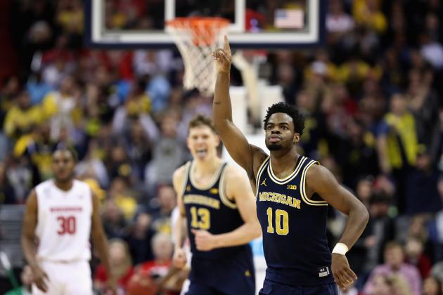 WASHINGTON, DC - MARCH 12: Derrick Walton Jr. #10 of the Michigan Wolverines celebrates after hitting a three pointer against the Wisconsin Badgers in the first half during the Big Ten Basketball Tournament Championship game at Verizon Center on March 12, 2017 in Washington, DC.  (Photo by Rob Carr/Getty Images)