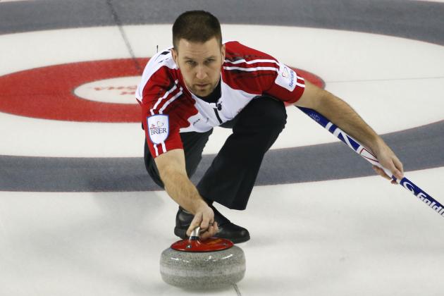 CALGARY, AB - MARCH 1: Newfoundland and Labrador skip Brad Gushue delivers his shot in his game against Northwest Territories during the Tim Horton's Brier at the Scotiabank Saddledome on March 1, 2015 in Calgary, Alberta, Canada. (Photo by Todd Korol/Getty Images)
