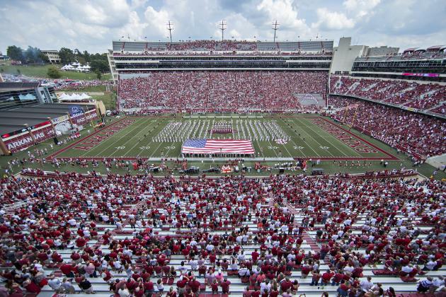 FAYETTEVILLE, AR - SEPTEMBER 5:  General view of Donald W. Reynolds Stadium before a game between the Arkansas Razorbacks and the UTEP Miners at Razorback Stadium on September 5, 2015 in Fayetteville, Arkansas.  The Razorbacks defeated the Miners 48-13.  (Photo by Wesley Hitt/Getty Images)