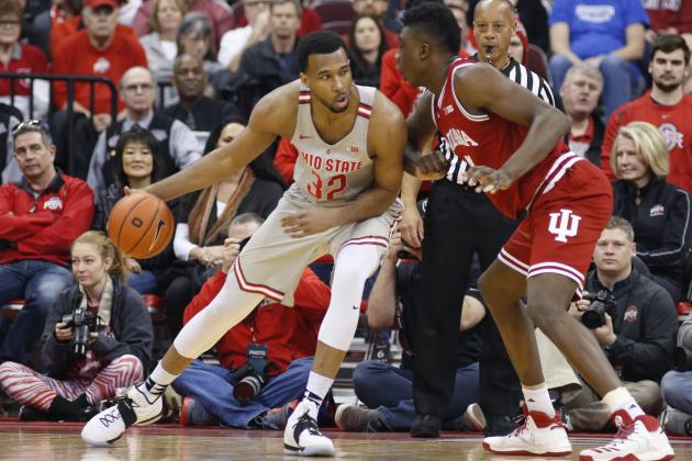 Ohio State's Trevor Thompson, left, posts up against Indiana's Thomas Bryant during the first half of an NCAA college basketball game Saturday, March 4, 2017, in Columbus, Ohio. (AP Photo/Jay LaPrete)