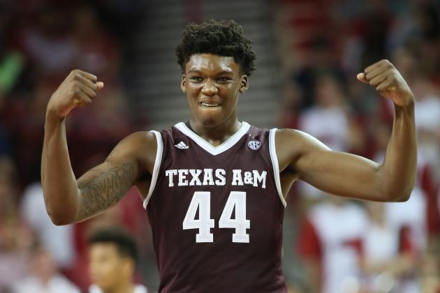 Feb 22, 2017; Fayetteville, AR, USA; Texas A&M Aggies forward Robert Williams (44) reacts after a play in the second half against the Arkansas Razorbacks at Bud Walton Arena. Arkansas defeated Texas A&M 86-77. Mandatory Credit: Nelson Chenault-USA TODAY Sports